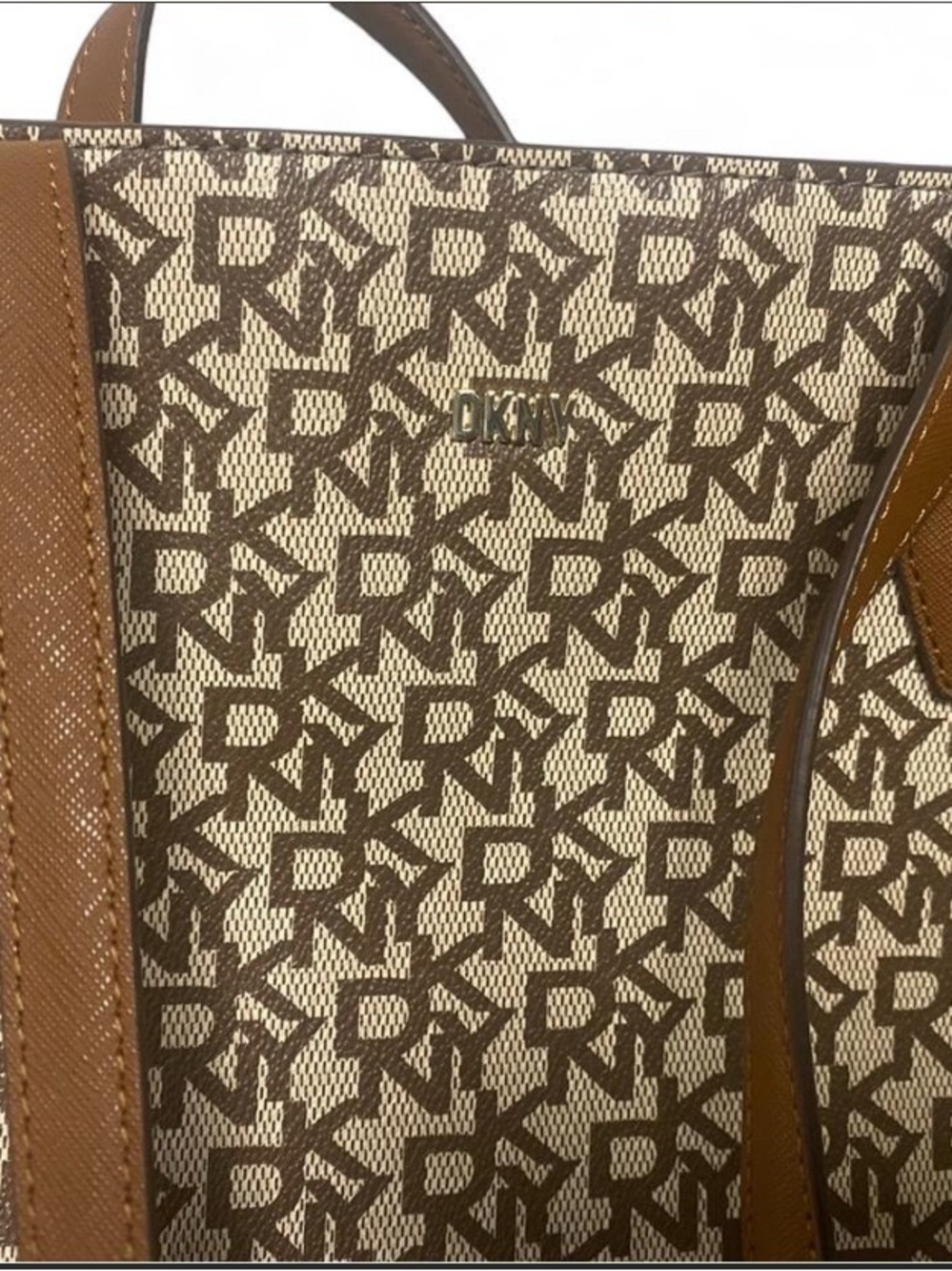 DKNY Brown and Cream Monogram Canvas Tote with Tan Leather Trim